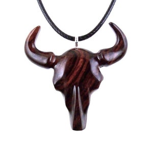 Hand Carved Bull Pendant, Wooden Bull Skull Necklace, Bison Necklace, Mens Ox Pendant, Taurus Jewelry Gift for Him