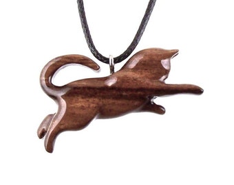 Hand Carved Cat Pendant, Wooden Kitten Necklace, Cat Lover Gift for Men Women, Handmade Spirit Animal, Wood Jewelry