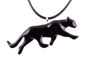 Black Jaguar Panther Necklace, Hand Carved Wooden Panther Pendant, Totem Spirit Animal Wood Jewelry