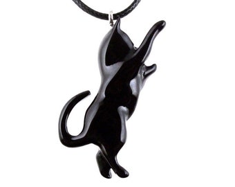 Hand Carved Black Cat Pendant, Wooden Kitten Necklace for Men or Women, Pet Animal Jewelry, Cat Lover Gift for Him Her