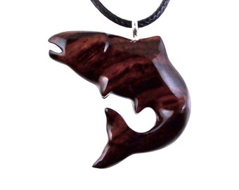 Salmon Necklace, Hand Carved Wooden Trout Pendant, Fish Jewelry, Mens Wood Necklace, Fisherman Gift for Him