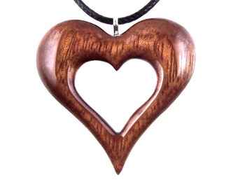 Hand Carved Wooden Heart Pendant, Wood Heart Necklace, 5th Wedding Anniversary Gift for Her, Wood Jewelry