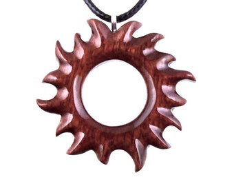 Sun Pendant, Hand Carved Sunburst Necklace, Wooden Celestial Jewelry for Men Women, Solar Eclipse Wood Jewelry