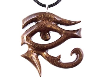 Eye of Horus Pendant, Hand Carved Wooden Eye of Ra Necklace, Egyptian African Wood Jewelry for Men or Women, Gift for Him Her