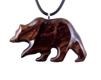 Wood Bear Necklace, Hand Carved Wooden Grizzly Bear Pendant for Men or Women, Spirit Animal Totem Jewelry Gift for Him Her