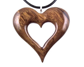 Wood Heart Necklace, Hand Carved Wooden Heart Pendant, 5th Anniversary Gift for Her, One of a Kind Wood Jewelry