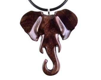 Hand Carved Wooden Elephant Pendant, Elephant Necklace for Men or Women, Ganesha Spiritual Animal Jewelry Gift for Her Him