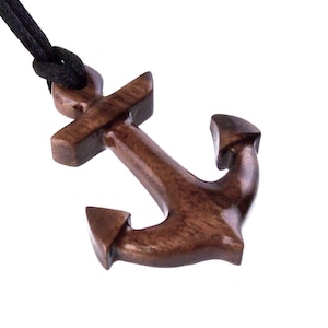 Wooden Anchor Pendant, Hand Carved Sailor Necklace, Mens Nautical Wood Jewelry, One of a Kind Gift for Him