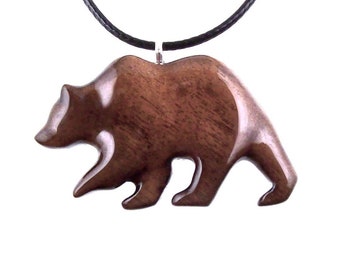 Grizzly Bear Necklace, Hand Carved Wooden Bear Pendant for Men or Women, Spirit Animal Totem Wood Jewelry