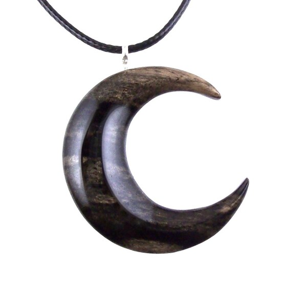 Hand Carved Moon Necklace, Wooden Crescent Moon Pendant, Wood Celestial Necklace, Pagan Lunar Jewelry for Men or Women