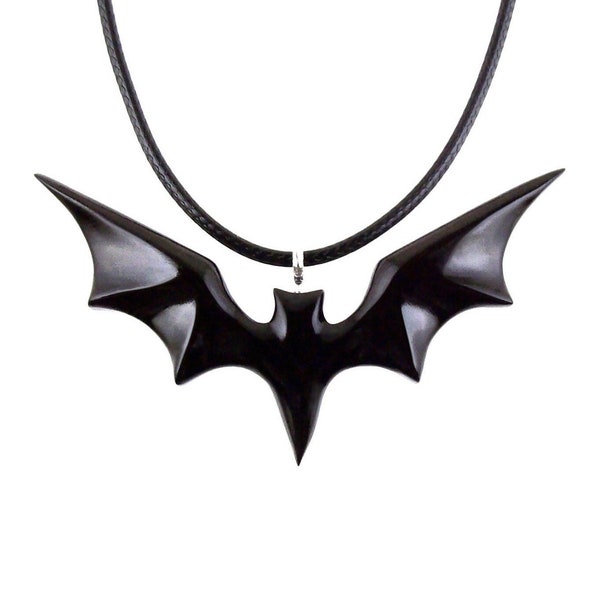 Collier chauve-souris noire, pendentif chauve-souris en bois sculpté à la main, bijoux animaux en bois, cadeau gothique pour homme ou femme