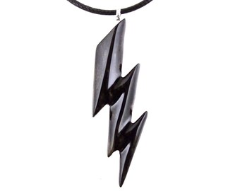 Lighting Bolt Necklace, Hand Carved Wooden Flash Pendant, Lightning Strike Thunderbolt Wood Jewelry