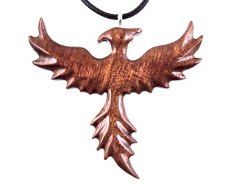 Rising Phoenix Necklace, Hand Carved Wooden Firebird Pendant, Handmade Wood Jewelry, Inspirational Gift for Her Him