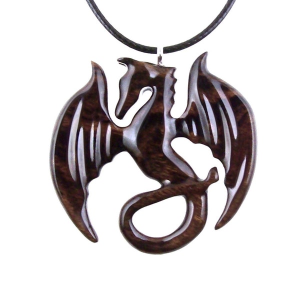 Wooden Dragon Pendant, Hand Carved Dragon Necklace, One of a Kind Fantasy Wood Necklace for Men or Women, Gift for Her Him