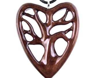 Wooden Heart Pendant, Hand Carved Tree of Life Necklace, 5th Anniversary Wood Jewelry Gift