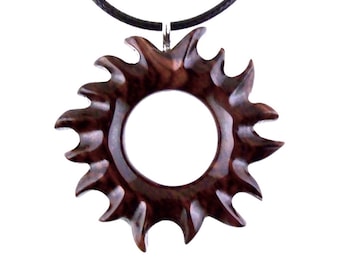 Hand Carved Sun Wooden Necklace, Celestial Sunburst Pendant, Solar Eclipse Wood Jewelry