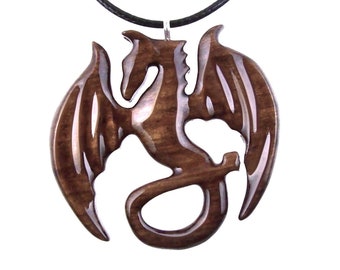 Dragon Pendant, Hand Carved Wooden Dragon Necklace, One of a Kind Handmade Wood Jewelry Gift for Men Women