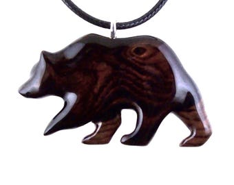Wood Bear Necklace, Hand Carved Wooden Grizzly Bear Pendant for Men or Women, Spirit Animal Totem Jewelry Gift for Him Her