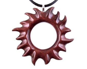 Sun Pendant, Hand Carved Sunburst Necklace, Wooden Celestial Jewelry for Men Women, Solar Eclipse Wood Jewelry