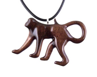 Monkey Necklace, Hand Carved Wooden Monkey Pendant, Wood Animal Jewelry, Wildlife Animal Gift for Men Women