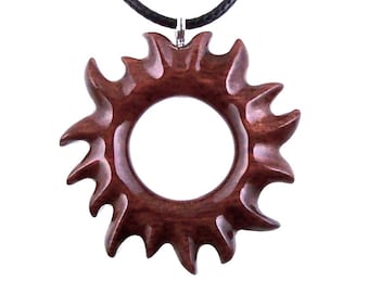 Sun Pendant, Hand Carved Sunburst Necklace, Wooden Celestial Jewelry for Men Women, Solar Eclipse Wood Jewelry