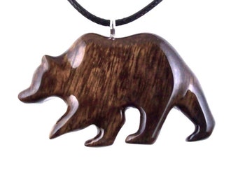 Bear Necklace, Wooden Grizzly Bear Pendant for Men or Women, Woodland Totem Spirit Animal, Hand Carved Wood Jewelry