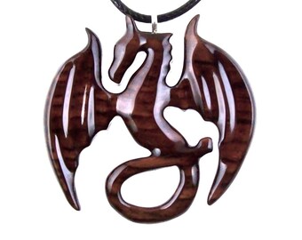 Dragon Necklace for Men or Women, Wooden Dragon Pendant, Hand Carved Wood Fantasy Jewelry, One of a Kind Gift for Him Her