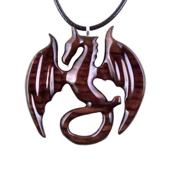 Dragon Necklace for Men or Women, Wooden Dragon Pendant, Hand Carved Wood Fantasy Jewelry, One of a Kind Gift for Him Her