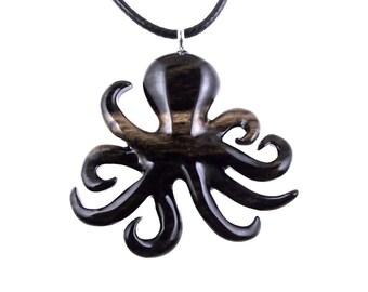 Wooden Octopus Pendant, Octopus Necklace, Hand Carved Wood Squid Necklace, Kraken Pendant, Nautical Jewelry