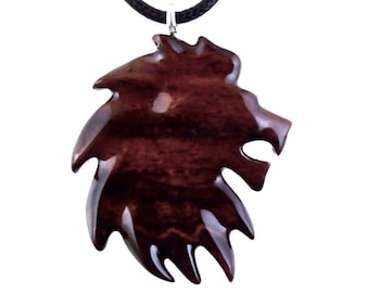 Wooden Lion Pendant, Hand Carved Lion Head Necklace, Spirit Animal Leo Jewelry Gift