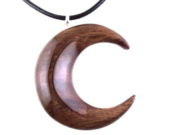 Crescent Moon Necklace, Hand Carved Wooden Moon Pendant, Wood Celestial Necklace, Lunar Jewelry