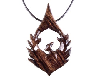 Phoenix Necklace, Hand Carved Wooden Firebird Pendant for Men or Women, Fantasy Bird Wood Jewelry, Inspirational Gift