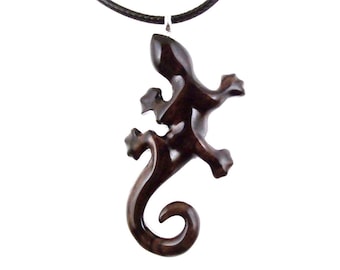 Gecko Pendant, Wooden Lizard Necklace, Hand Carved Wood Salamander Necklace, Totem Lizard Jewelry Gift for Men or Women