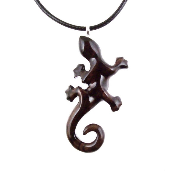 Gecko Pendant, Wooden Lizard Necklace, Hand Carved Wood Salamander Necklace, Totem Lizard Jewelry Gift for Men or Women