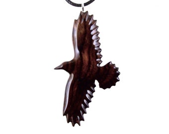 Hand Carved Raven Necklace, Wooden Crow  Pendant, Wood Bird Jewelry One of a Kind Gift for Him Her