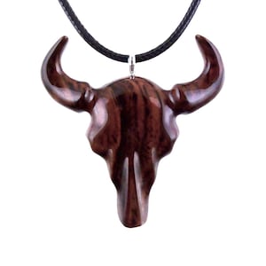Hand Carved Bull Pendant, Wooden Bull Skull Necklace, Bison Necklace, Mens Ox Pendant, Taurus Jewelry Gift for Him