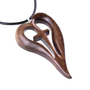 Hand Carved Wooden Cross Heart Pendant Necklace for Women, Christian Wood Jewelry, 5th Anniversary Gift for Her