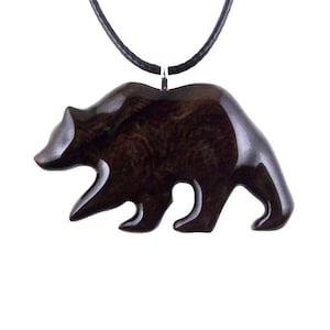 Bear Necklace, Wooden Grizzly Bear Pendant for Men or Women, Hand Carved Wood Jewelry, Totem Spirit Animal in Dark Brown with Black Streaks