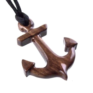 Hand Carved Wooden Anchor Pendant, Mens Wood Necklace, Handmade Nautical Jewelry Gift for Him