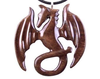 Dragon Pendant, Hand Carved Wooden Dragon Necklace, Handmade Wood Jewelry Gift for Men Women