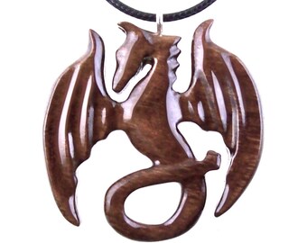 Dragon Pendant, Hand Carved Wooden Dragon Necklace, Handmade Wood Jewelry Gift for Men Women