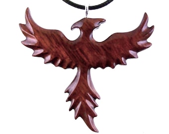 Rising Phoenix Necklace, Hand Carved Wooden Phoenix Pendant, Wood Firebird Jewelry, Inspirational Gift for Her Him