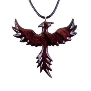 Hand Carved Phoenix Necklace, Wooden Rising Phoenix Pendant for Men or Women, Wood Firebird Necklace, Fantasy Inspirational Jewelry