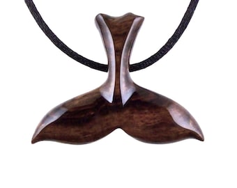 Hand Carved Wooden Whale Tail Pendant Necklace, Mens Nautical Wood Jewelry
