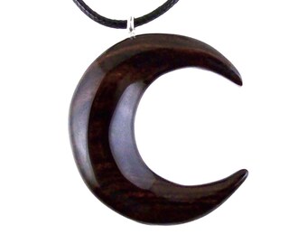 Hand Carved Wooden Crescent Moon Pendant Necklace, Handmade Celestial Wood Jewelry, One of a Kind Gift