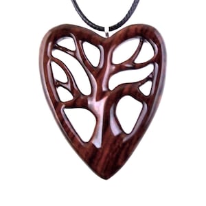 Hand Carved Wooden Heart Necklace - Tree of Life Pendant, Wedding 5th Anniversary Gift for Her, One-of-a-Kind Wood Jewelry