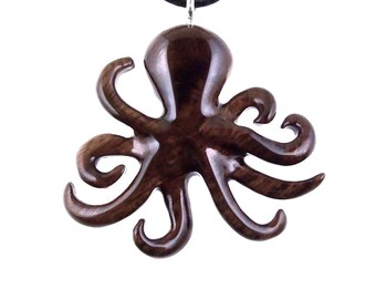 Hand Carved Octopus Necklace for Men Women, Wooden Squid Pendant, Nautical Wood Jewelry Gift