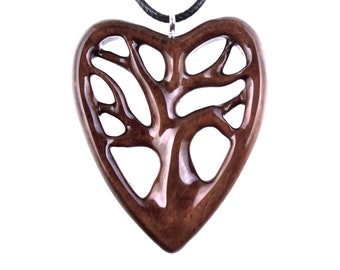 Wooden Heart Pendant, Hand Carved Tree of Life Necklace, Handmade Wood Jewelry, One of a Kind 5th Anniversary Gift for Her