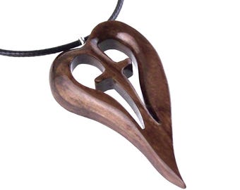 Hand Carved Wooden Cross Heart Pendant Necklace, Christian Wood Jewelry, 5th Anniversary Gift