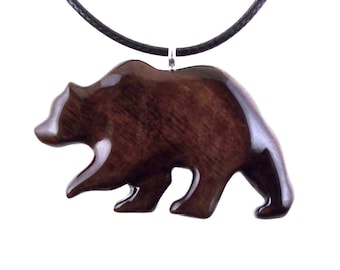 Grizzly Bear Necklace, Hand Carved Wooden Totem Animal Pendant, Wood Jewelry for Men Women